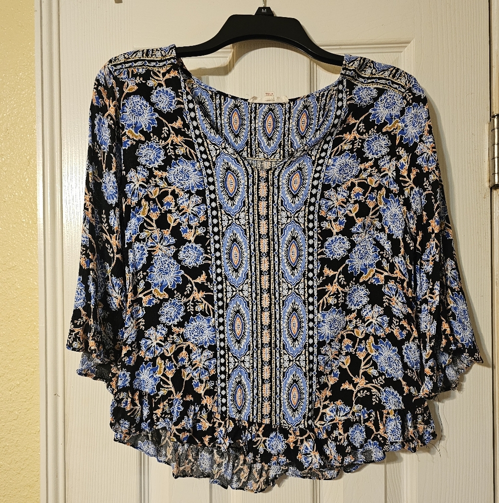 Floral Blue and Black Women's Top